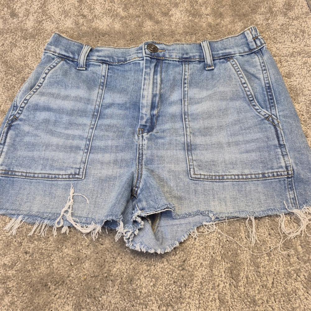 Aerie Womens High Waisted Denim Shorts Light Wash Patch Pocket Size Medium